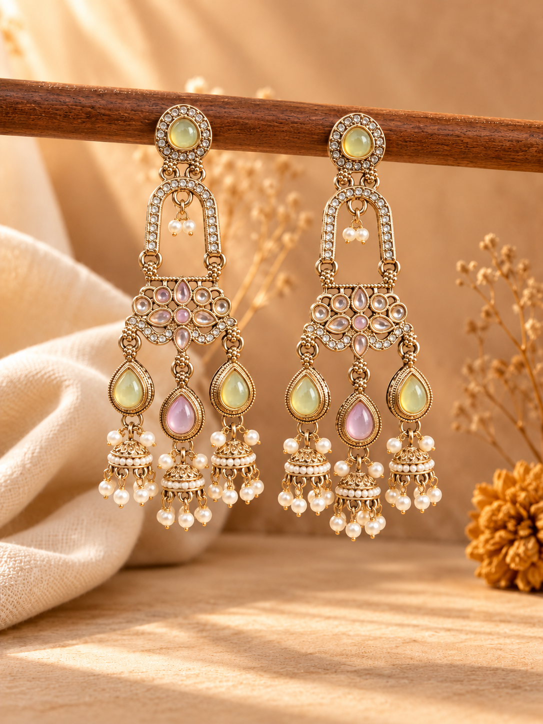 Mrinalika mint pink triple jhumka earrings with open arches, floral stone panels and three miniature jhumka hangings