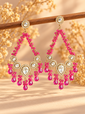 Ruhina dark pink beaded Kundan Chandbali earrings with white stones and teardrop drops