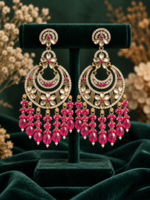 Yashika dark pink Kundan chandbali earrings with floral motifs and cascading bead drops on a green velvet stand