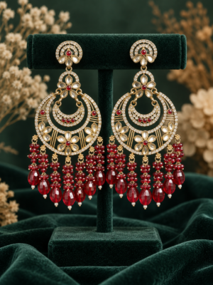 Yashika red Kundan chandbali earrings with layered crescents, floral motifs and cascading bead drops
