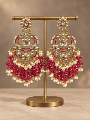 Nia premium wine Kundan Chandbali earrings with pearl accents and wine bead tassels