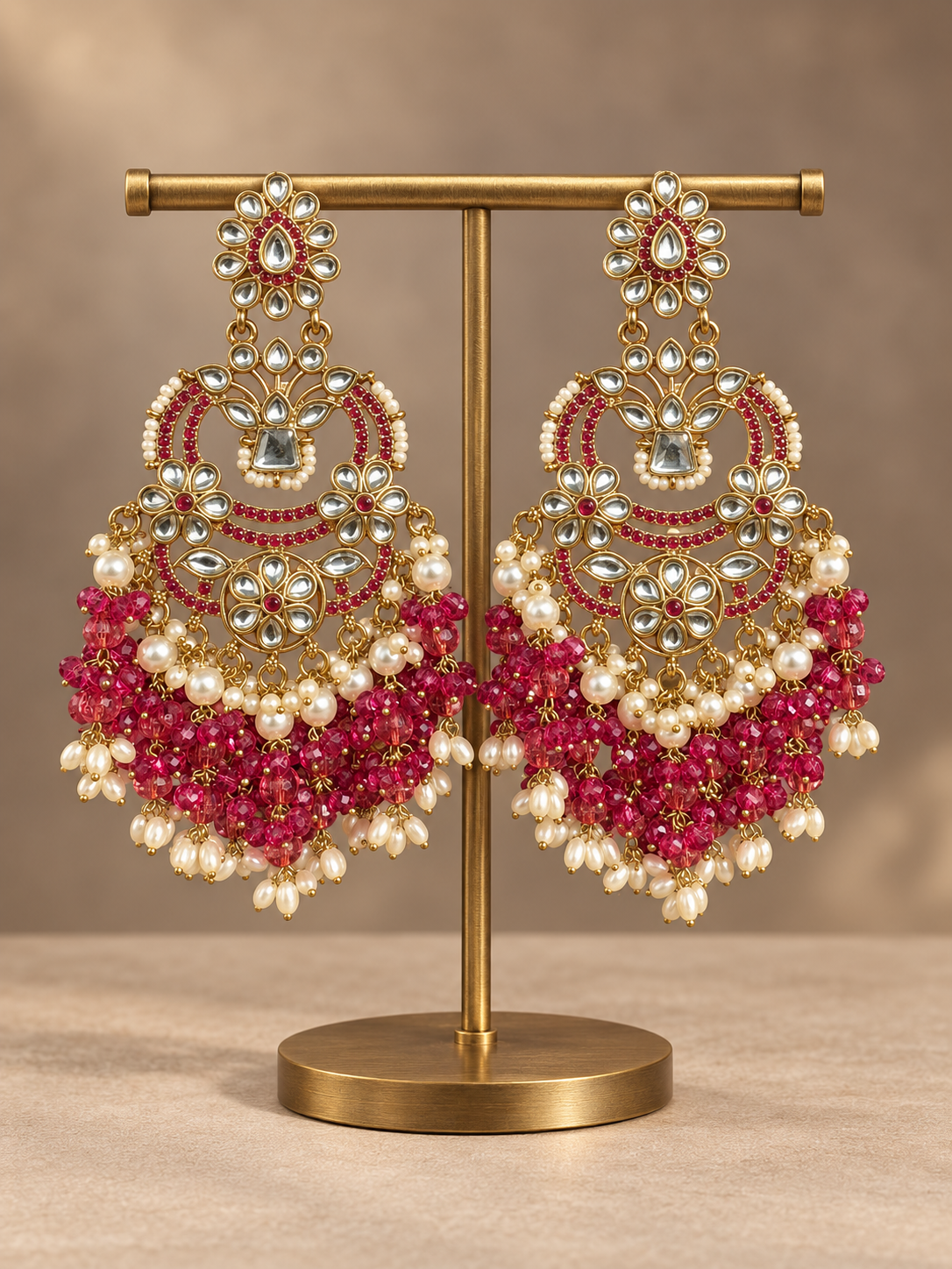 Nia premium wine Kundan Chandbali earrings with pearl accents and wine bead tassels