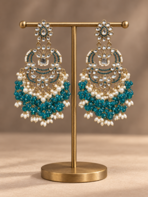 Nia teal blue Kundan Chandbali earrings with pearl accents and cascading bead tassels