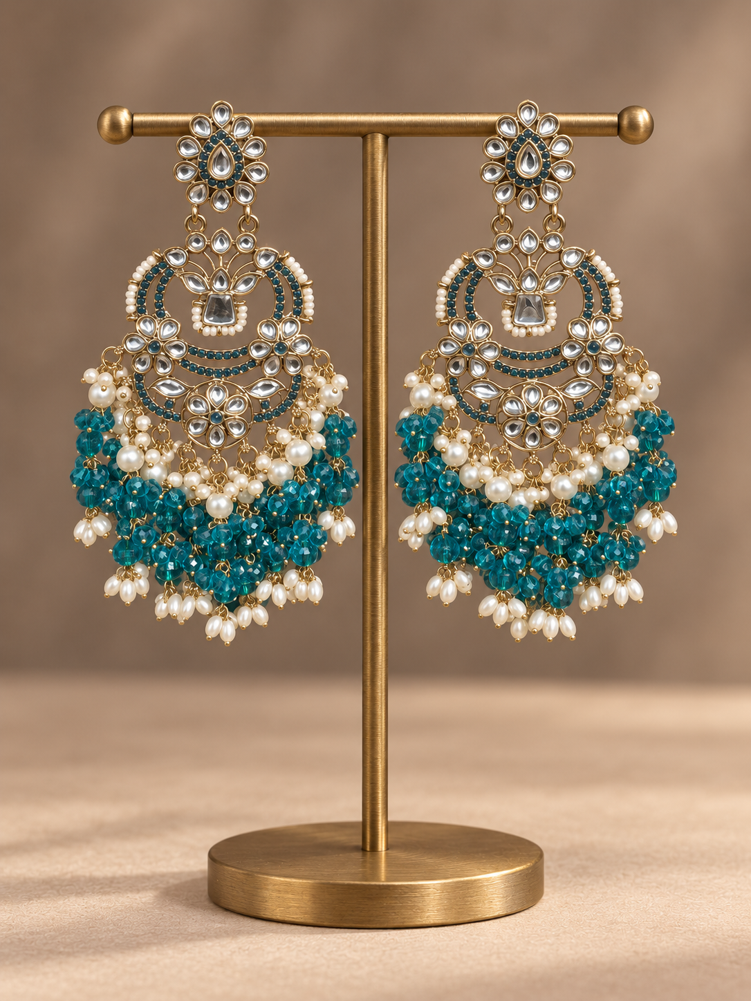 Nia teal blue Kundan Chandbali earrings with pearl accents and cascading bead tassels