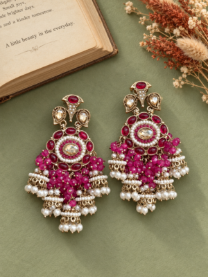Purvi dark pink statement jhumka earrings with circular motifs and miniature hanging jhumkas
