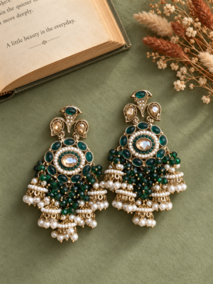 Purvi dark green statement jhumka earrings with circular motifs and miniature hanging jhumkas