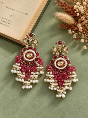Purvi wine statement jhumka earrings with circular stone motifs, wine bead clusters and white bead drops