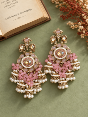 Purvi light pink statement jhumka earrings with circular motifs and miniature hanging jhumkas