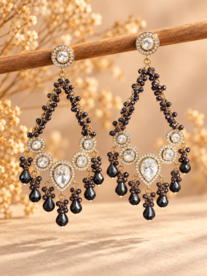 Ruhina black beaded Kundan Chandbali earrings with white stones and teardrop drops