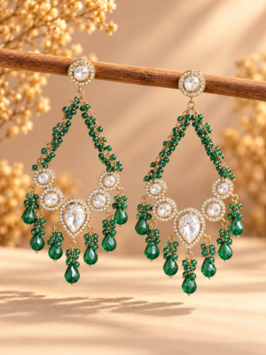 Ruhina dark green beaded Kundan Chandbali earrings with white stones and teardrop drops