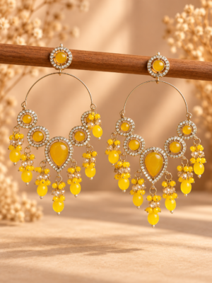 Naazira yellow stone chandelier hoop earrings with cascading bead drops