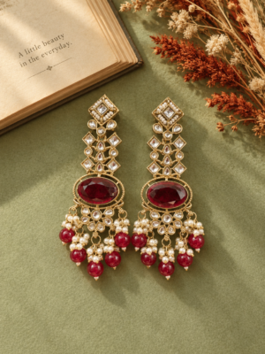 Saanvika red Kundan dangler earrings with geometric stones, oval centres, floral motifs and hanging beads