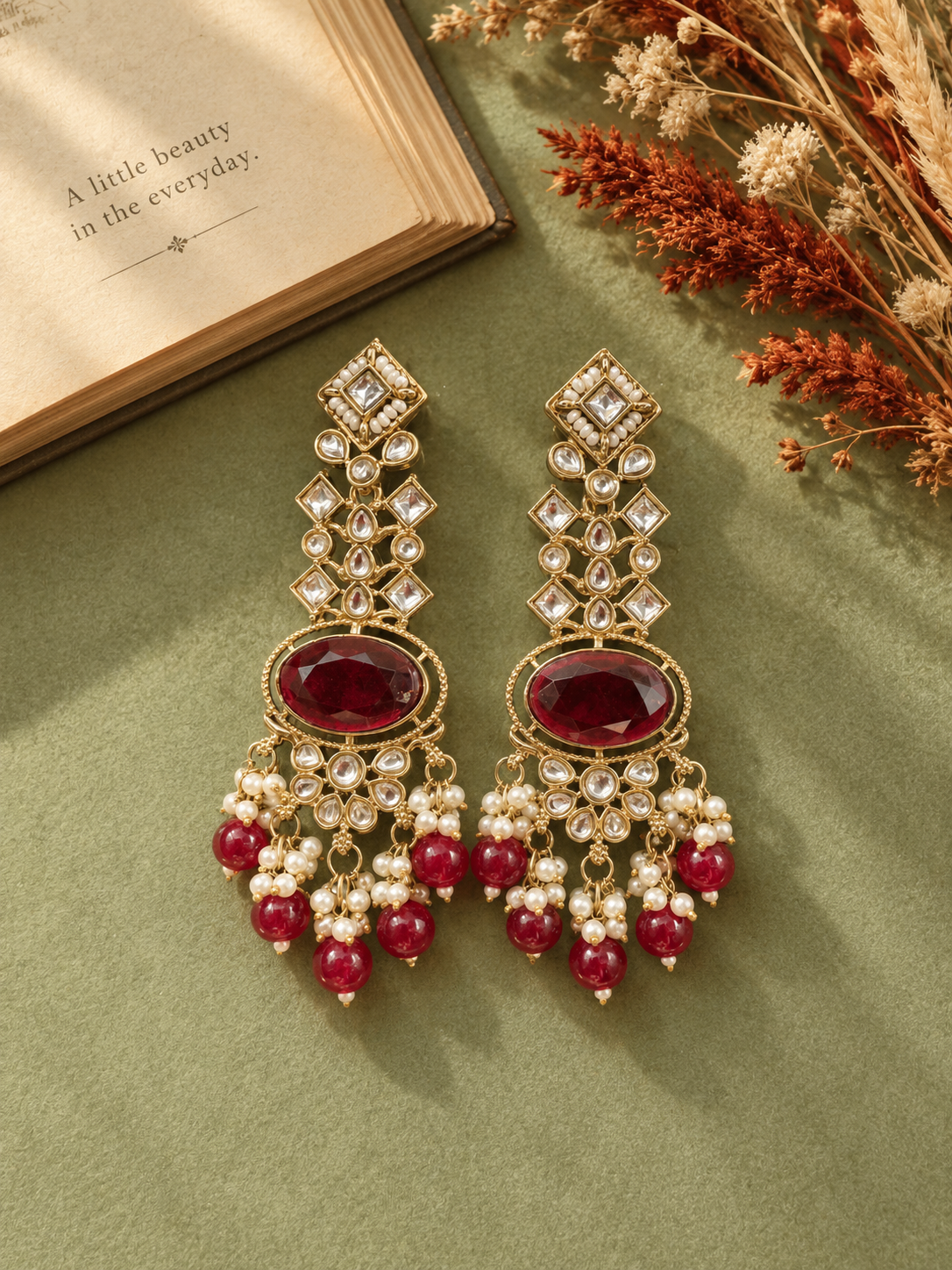 Saanvika red Kundan dangler earrings with geometric stones, oval centres, floral motifs and hanging beads