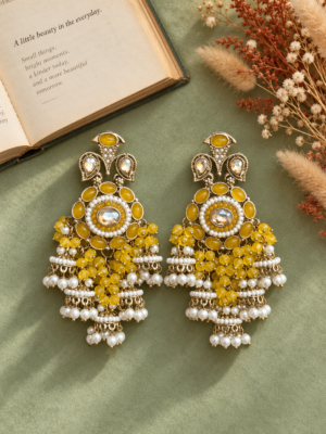 Purvi yellow statement jhumka earrings with circular motifs and miniature hanging jhumkas