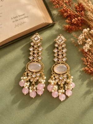 Saanvika light pink Kundan dangler earrings with geometric stones, oval centres, floral motifs and hanging beads