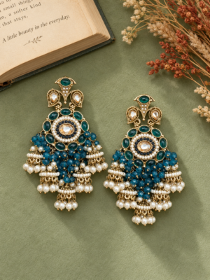 Purvi teal blue statement jhumka earrings with circular motifs and miniature hanging jhumkas