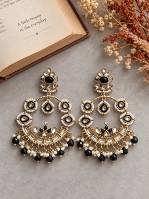 Mahima black Kundan chandbali earrings with white stonework, white bead accents and faceted black drops