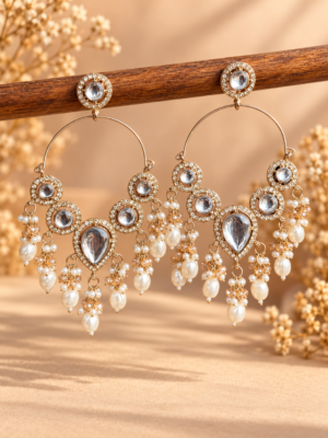 Naazira white stone chandelier hoop earrings with cascading bead drops