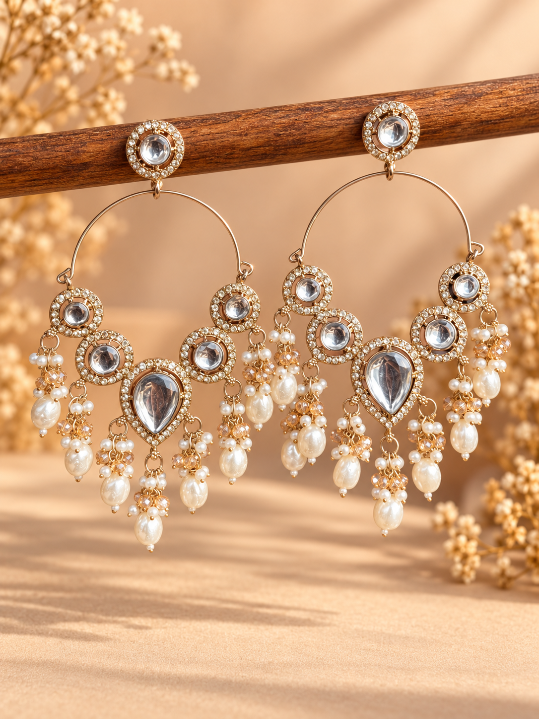 Naazira white stone chandelier hoop earrings with cascading bead drops