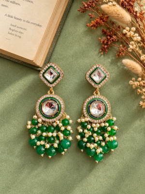 Manjot dark green Kundan earrings pair