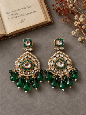 Jhansi dark green Kundan Chandbali earrings with reflective stones and teardrop bead drops