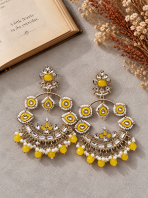 Mahima yellow Kundan chandbali earrings with layered motifs and hanging bead accents