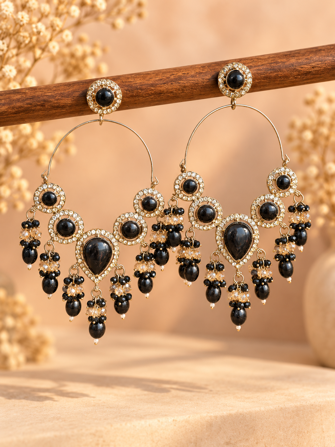 Naazira black stone chandelier hoop earrings with cascading bead drops