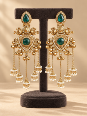 Namita dark green Kashmiri peacock jhumka earrings with ghungroo accents and cascading miniature jhumka drops