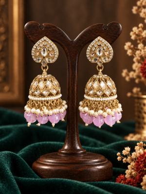 Aadya lavender Kundan jhumka earrings with ornamental tops, stone-set domes and hanging bead accents