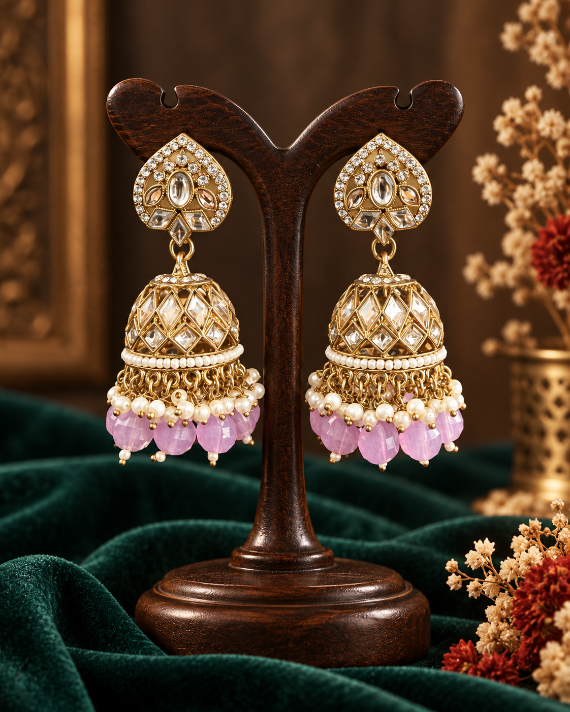 Aadya lavender Kundan jhumka earrings with ornamental tops, stone-set domes and hanging bead accents