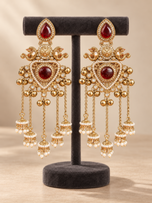 : Namita wine Kashmiri peacock jhumka earrings with ghungroo accents and cascading miniature jhumka drops