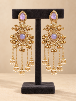 Namita lavender Kashmiri peacock jhumka earrings with ghungroo accents and cascading miniature jhumka drops