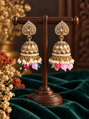 Aadya multicolour Kundan jhumka earrings with ornamental tops, stone-set domes and hanging bead accents