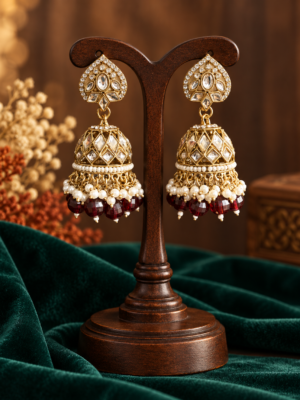 Aadya maroon Kundan jhumka earrings with ornamental tops, stone-set domes and hanging bead accents