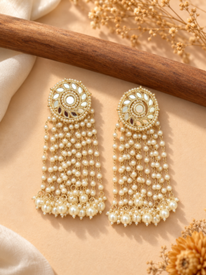 Maheera white long Kundan tassel earrings with circular ornamental tops and cascading beaded chains