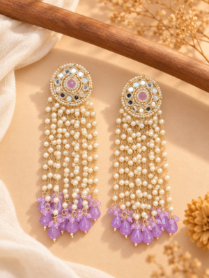 Maheera lavender long Kundan tassel earrings with circular ornamental tops and cascading beaded chains