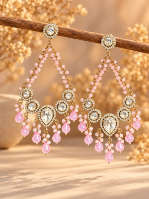 Light Pink Chandbali Earrings, Pink Kundan Earrings, Pastel Pink Earrings, Beaded Chandbali, Long Chandbali Earrings, White Stone Earrings, Statement Earrings, Wedding Earrings, Festive Earrings, Ethnic Earrings