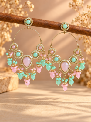 Naazira mint pink chandelier hoop earrings with cascading bead drops