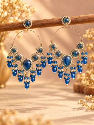 Naazira dark blue chandelier hoop earrings with cascading bead drops