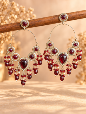 Naazira red stone chandelier hoop earrings with cascading bead drops