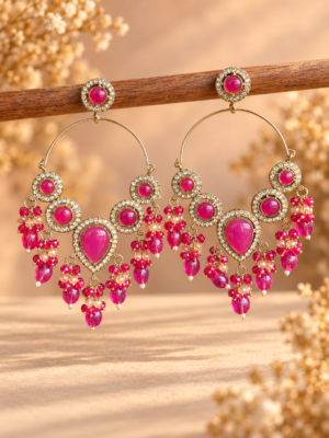 Naazira dark pink chandelier hoop earrings with cascading bead drops