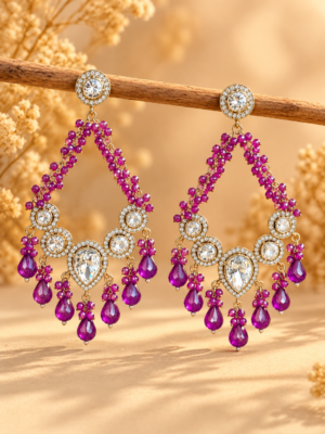 Ruhina Purple Beaded Kundan Chandbali Earrings