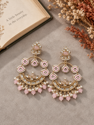 Mahima light pink Kundan chandbali earrings with layered motifs and hanging bead accents