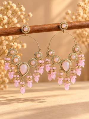 Naazira light pink chandelier hoop earrings with cascading bead drops