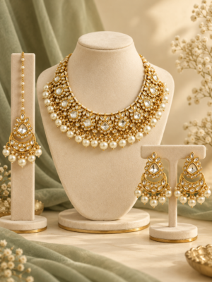 Aaratrika white Kundan necklace set with matching chandbali earrings and maang tikka