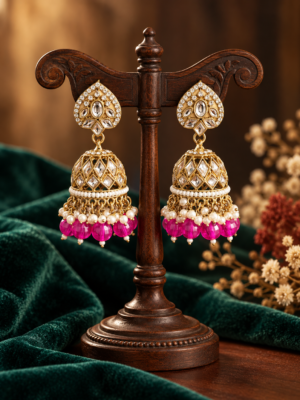 Aadya wine Kundan jhumka earrings with gold-toned stone-set domes, white bead clusters and wine-coloured drops