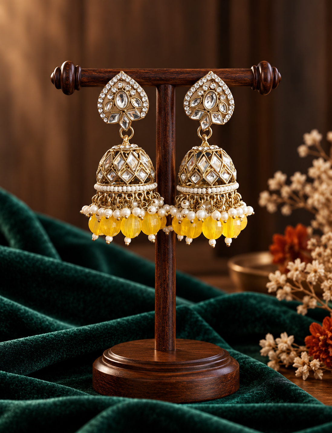 Aadya yellow Kundan jhumka earrings with ornamental tops, stone-set domes and hanging bead accents