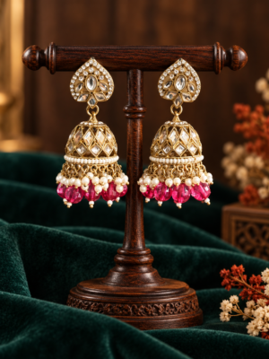 Aadya dark pink Kundan jhumka earrings with ornamental tops, stone-set domes and hanging bead accents