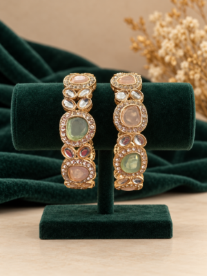Mridula multicolour Kundan kada set of 2 with pastel pink and mint-green stones
