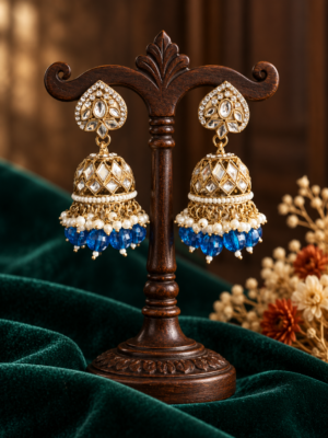 Aadya dark blue Kundan jhumka earrings with ornamental tops, stone-set domes and hanging bead accents